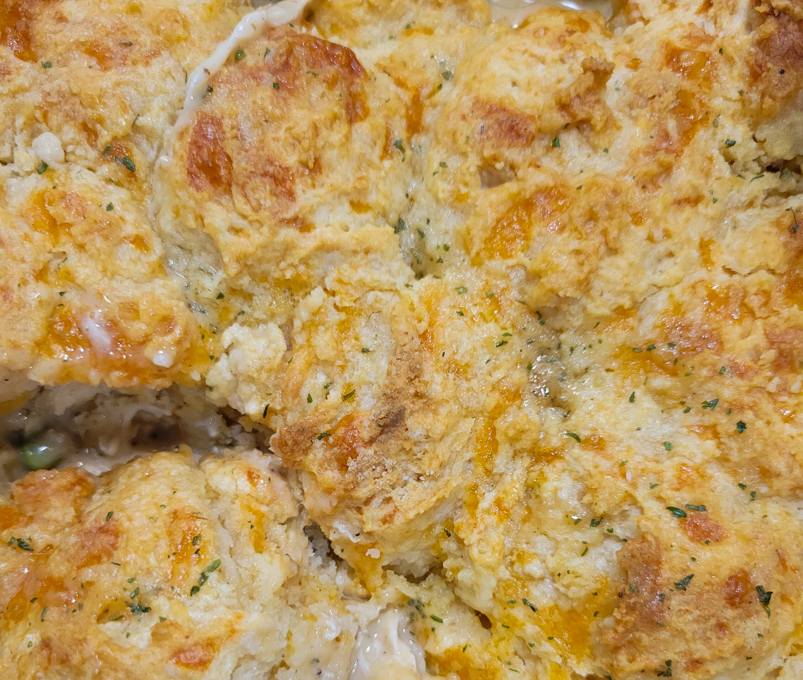 Biscuit topping on a chicken pot pie.