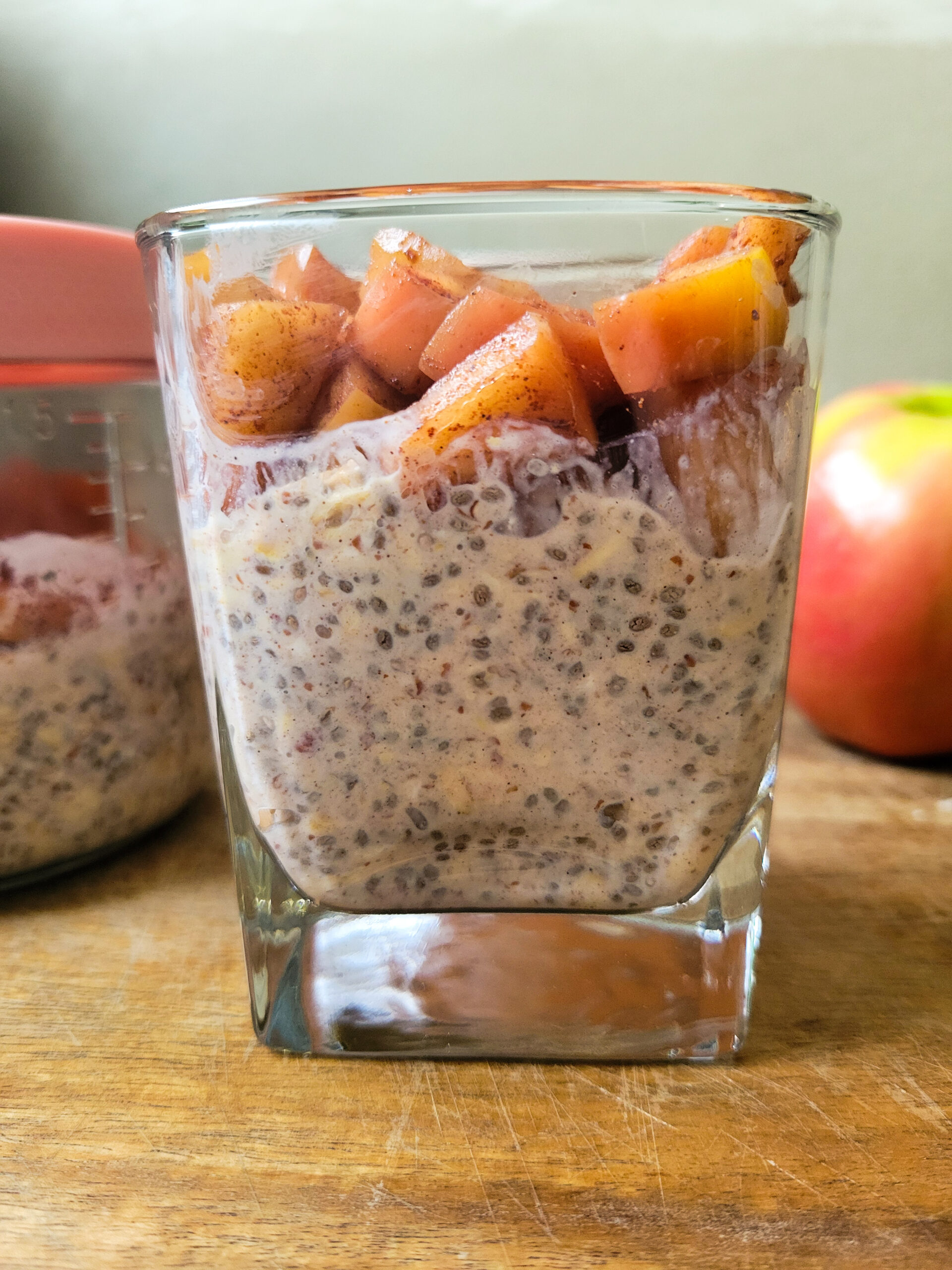 Side view of high-protein creamy apple pie overnight oats.