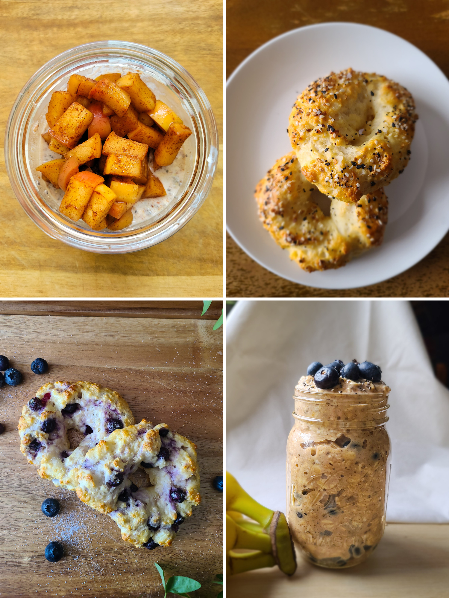 4 High-Protein Breakfast Ideas Collage of 4 pictures of high protein breakfasts. Apple pie overnight oats, blueberry overnight oats, blueberry greek yogurt bagels, and regular greek yogurt bagels.